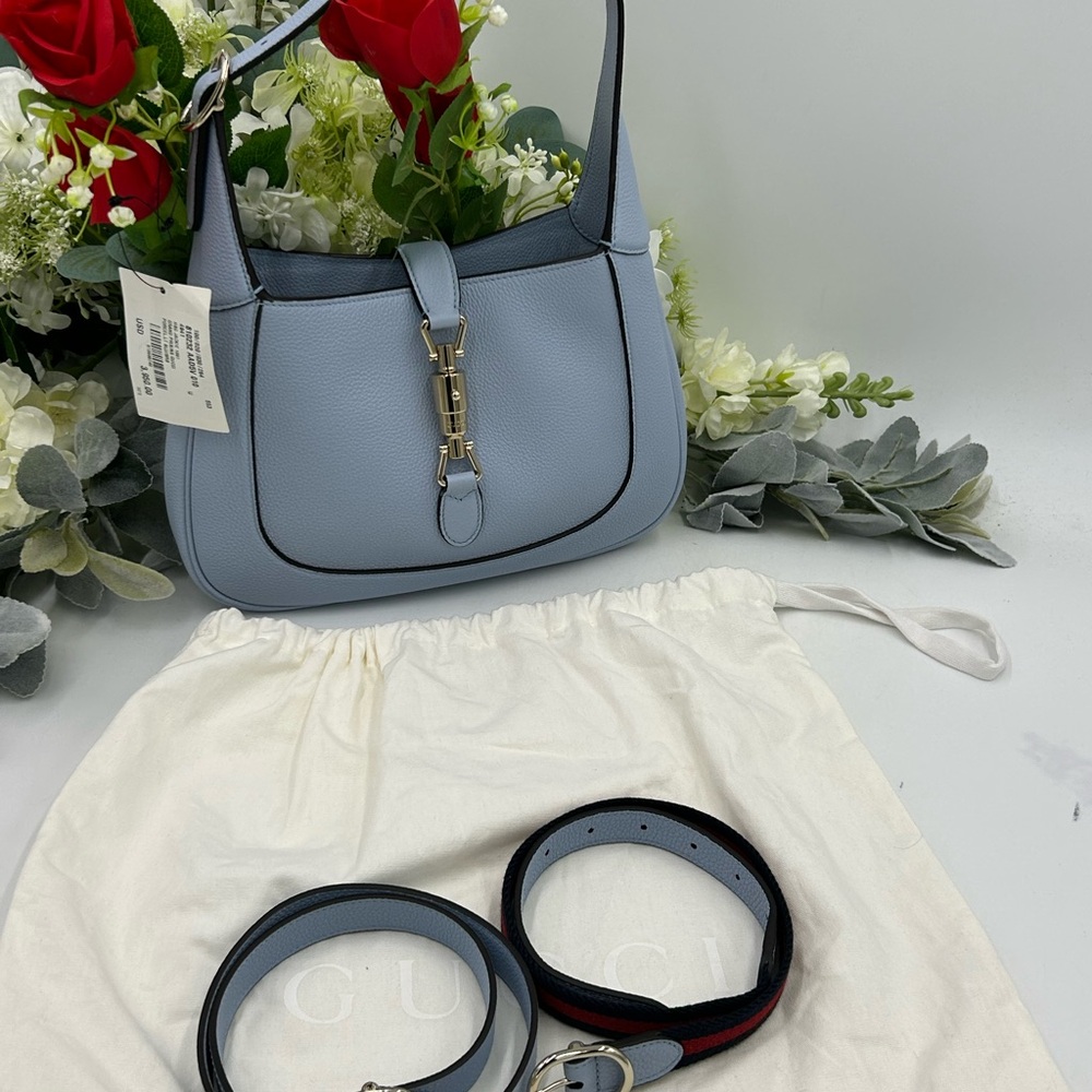 Women's Gucci, Jackie, 1961 hobo bag medium size light blue grain calf skin NWT - Picture 9 of 16